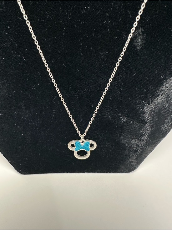 Disney Other - Disney Minnie Mouse Silver Tone Blue Enamel Bow Necklace